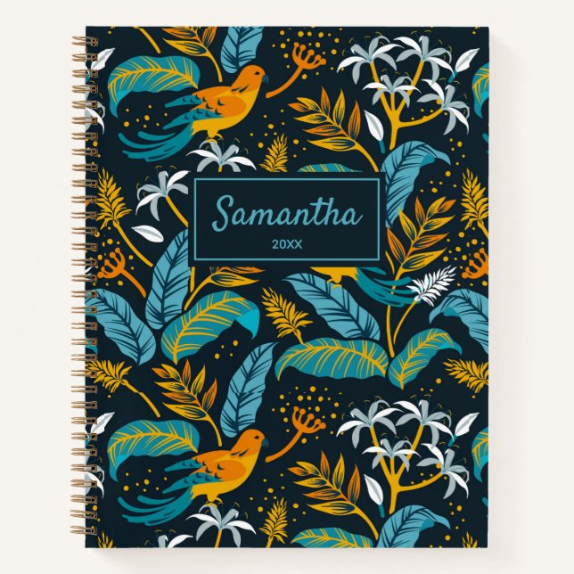 Tropical Birds & Nature Pattern, Yellow & Blue Notebook (Front)
