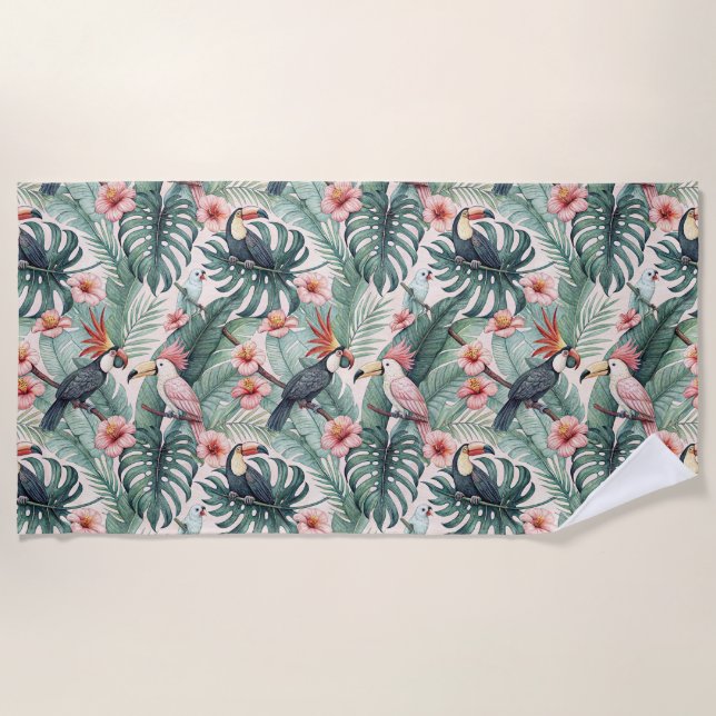 Tropical Birds & Palm Leaves Beach Towel  (Front)