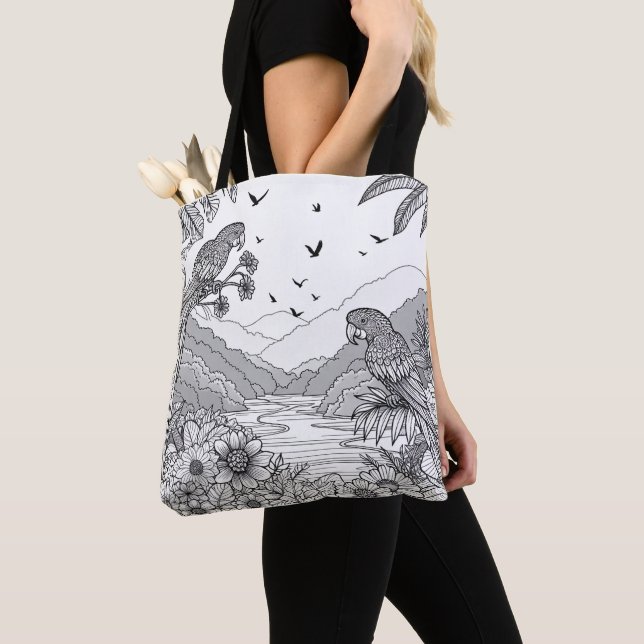 Tropical Birds Parrot Art Colouring  Tote Bag (Close Up)