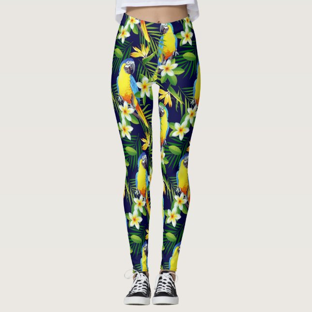 Tropical Birds - Parrots and Hibiscus on Black Bac Leggings (Front)