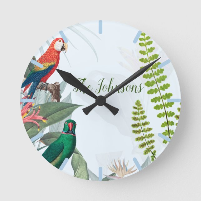 Tropical Birds Parrots & Foliage  Round Clock (Front)