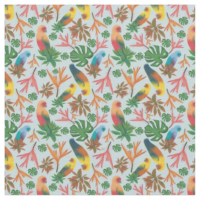 Tropical Birds Pastel Floral Pattern Fabric (Close Up)