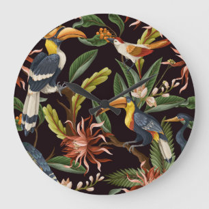 Tropical Birds: Vintage Leaves & Flowers Large Clock