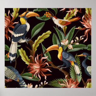 Tropical Birds: Vintage Leaves & Flowers Poster