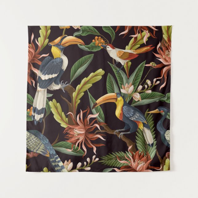 Tropical Birds: Vintage Leaves & Flowers Tapestry (Front)