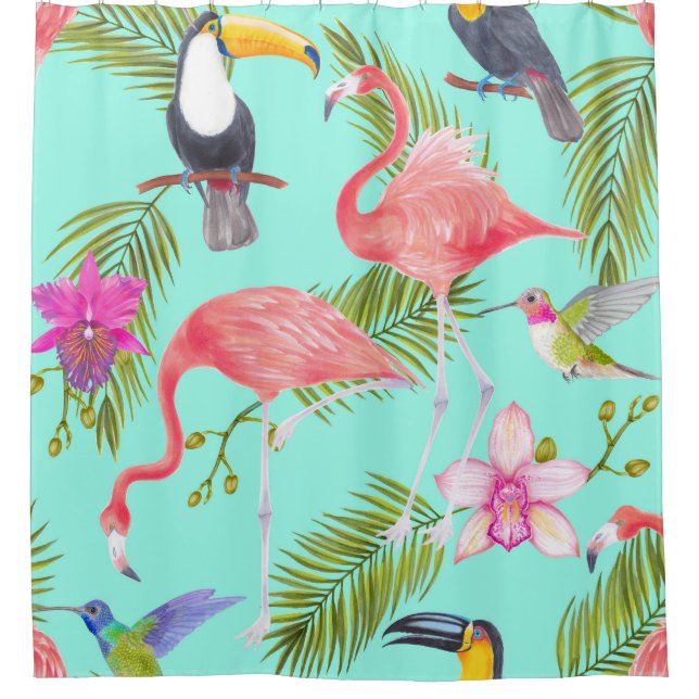 Tropical birds: watercolor seamless pattern. shower curtain (Front)