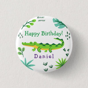 Tropical birthday with green crocodile 3 cm round badge