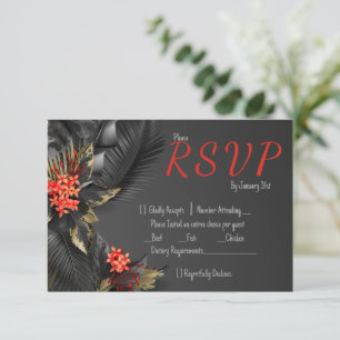 Tropical black and gold leaves Wedding RSVP Card