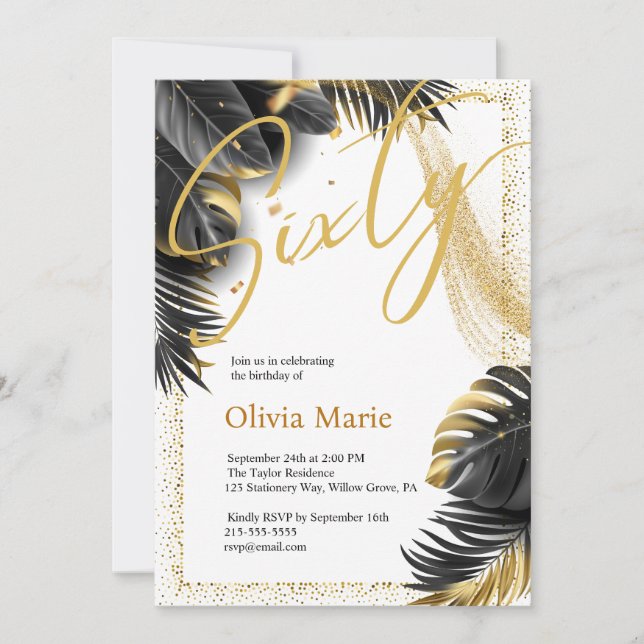 Tropical Black and Gold Sixty 60th Birthday  Invitation (Front)