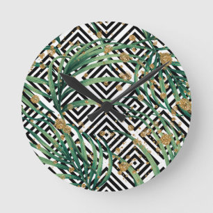 Tropical black and white geometry gold glitter round clock