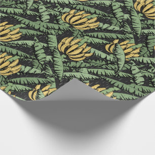 Tropical Black and Yellow Banana and Leaves Wrapping Paper
