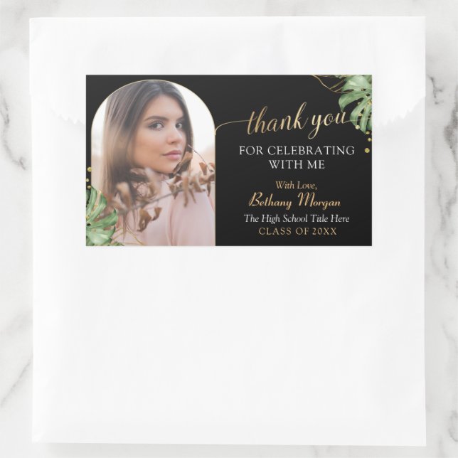 Tropical Black Gold Arch Grad Photo Graduation Rectangular Sticker (Bag)