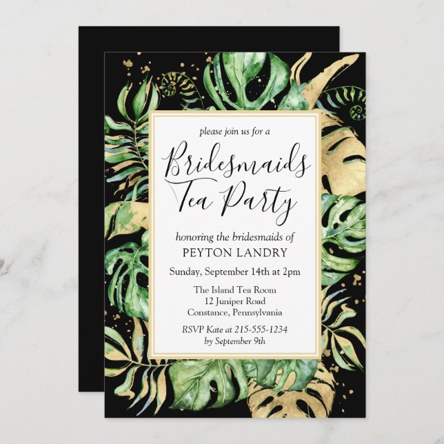 Tropical Black & Gold Bridesmaids Tea Party Invitation (Front/Back)