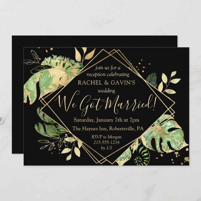 Tropical Black & Gold Elopement Wedding Reception  Invitation (Front/Back)