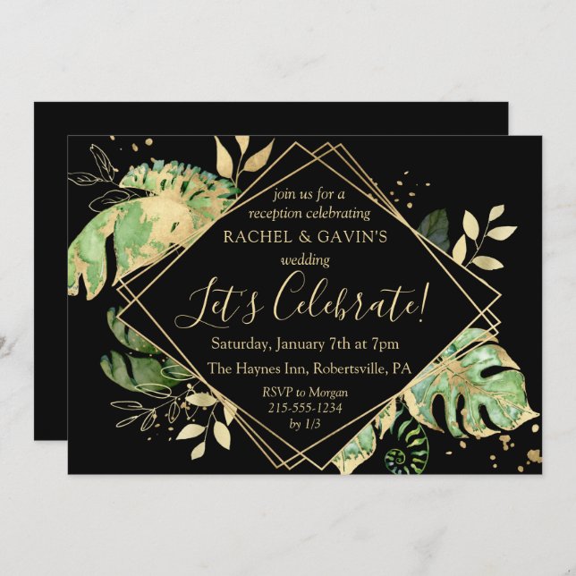 Tropical Black & Gold Elopement Wedding Reception  Invitation (Front/Back)