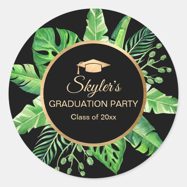 Tropical Black Gold Graduation Party Classic Round Sticker (Front)