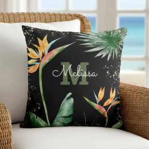 Tropical Black Gold Island Floral Monogram Script Cushion