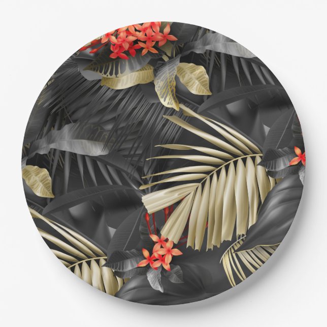 Tropical Black & Gold Leave and Red Flowers Paper Plate (Front)
