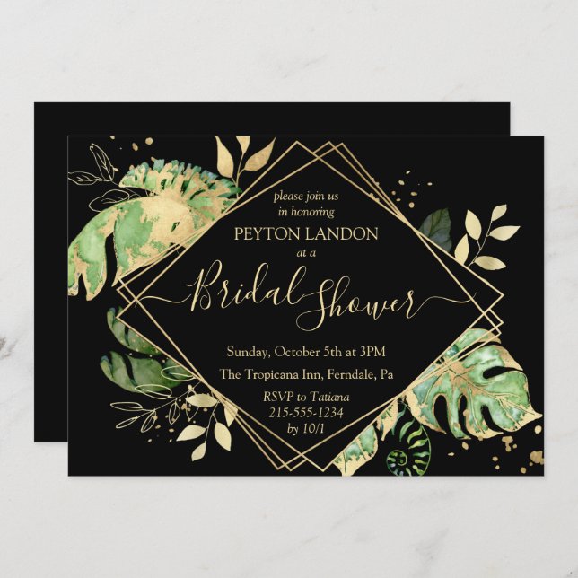 Tropical Black & Gold Leaves Elegant Bridal Shower Invitation (Front/Back)