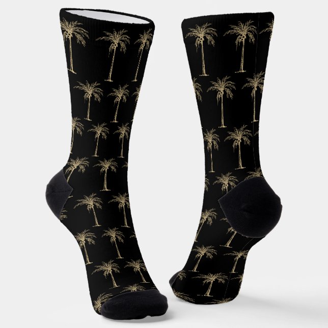 Tropical Black Gold Palm Tree Pattern Socks (Angled)