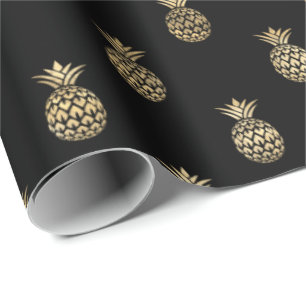 Tropical Black Gold Pineapple Pattern Wrapping Paper