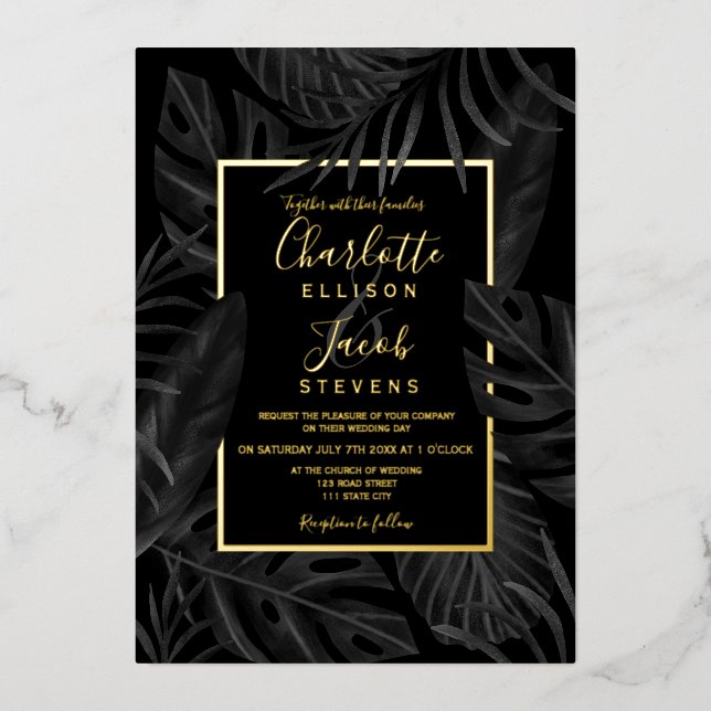 Tropical black leaf watercolor gold script wedding (Front)
