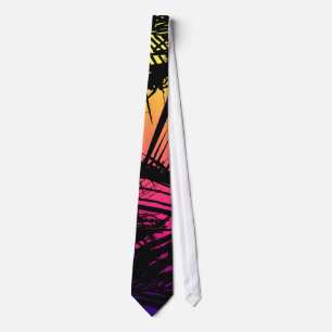 Tropical Black Palm Fronds on Pink, Orange, Yellow Tie