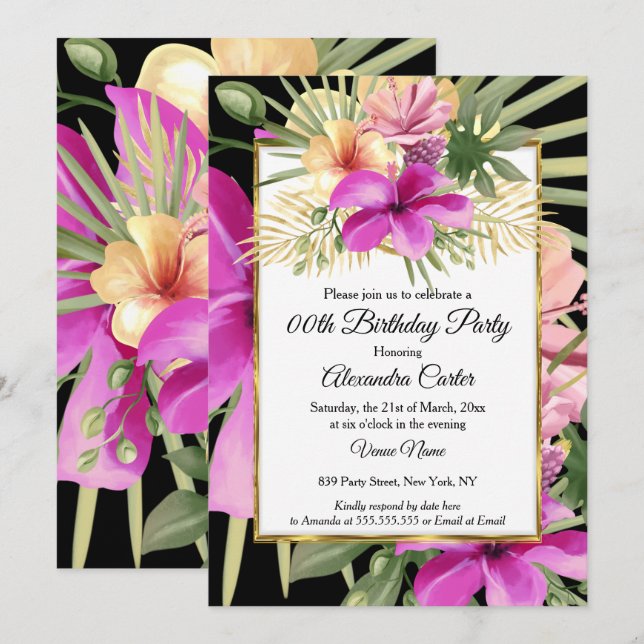 Tropical Black Purple Pink Hibiscus Floral Party Invitation (Front/Back)