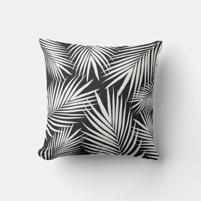 Tropical Black White Palm Leaves Outdoor Pillow (Front)