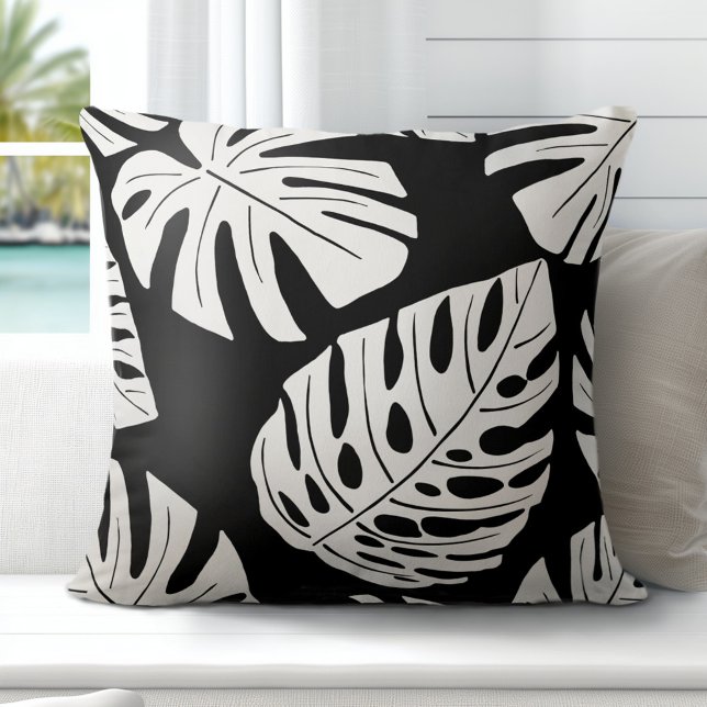 Tropical Black White Palm Monstera Leaves Cushion (Discover Gorgeous Coastal Throw Pillows by Totally Coast)