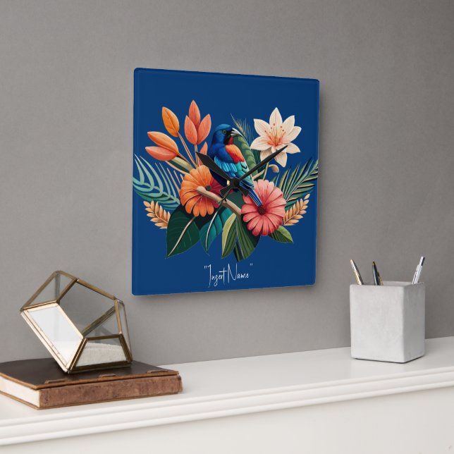 Tropical Bliss: A Vibrant Fusion of Flora Square Wall Clock (Office)