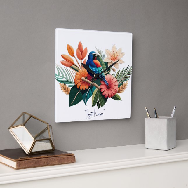 Tropical Bliss: A Vibrant Fusion of Flora Square Wall Clock (Office)