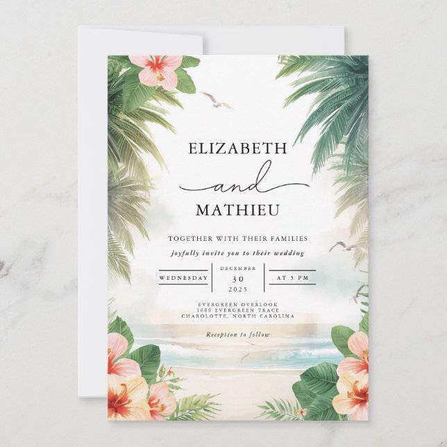Tropical Bloom Beach Wedding Invitation (Front)