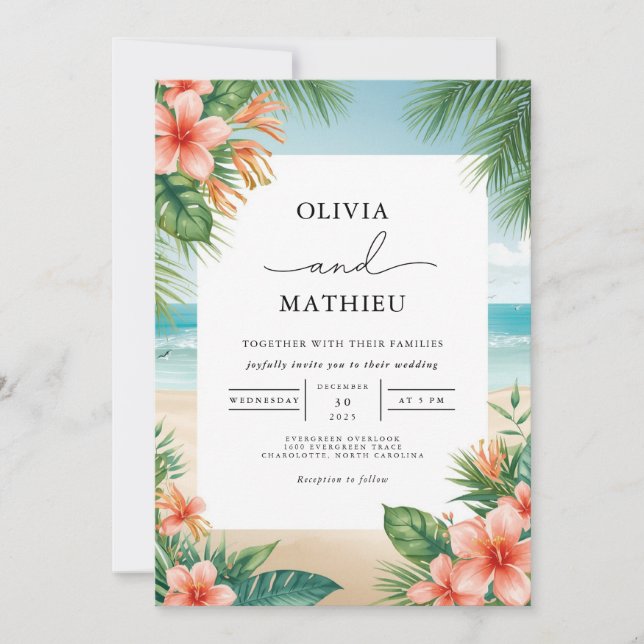 Tropical Bloom Beach Wedding Invitation (Front)