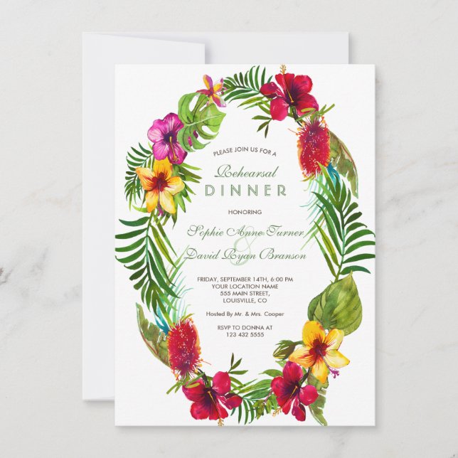 Tropical Bloom Hibiscus Gold REHEARSAL DINNER Invitation (Front)