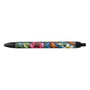 Tropical Bloom in Stained Glass Vibrant Floral Black Ink Pen