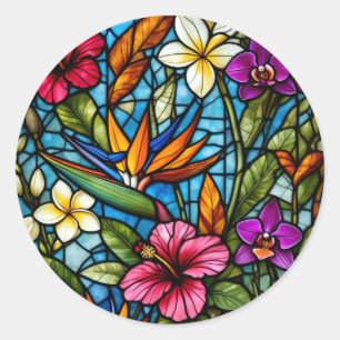 Tropical Bloom in Stained Glass Vibrant Floral Classic Round Sticker