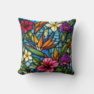 Tropical Bloom in Stained Glass Vibrant Floral Cushion