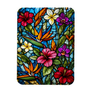 Tropical Bloom in Stained Glass Vibrant Floral Magnet