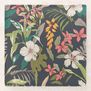 Tropical Bloom: Seamless Flower Pattern Glass Coaster