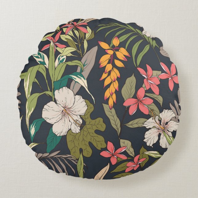 Tropical Bloom: Seamless Flower Pattern Round Cushion (Front)