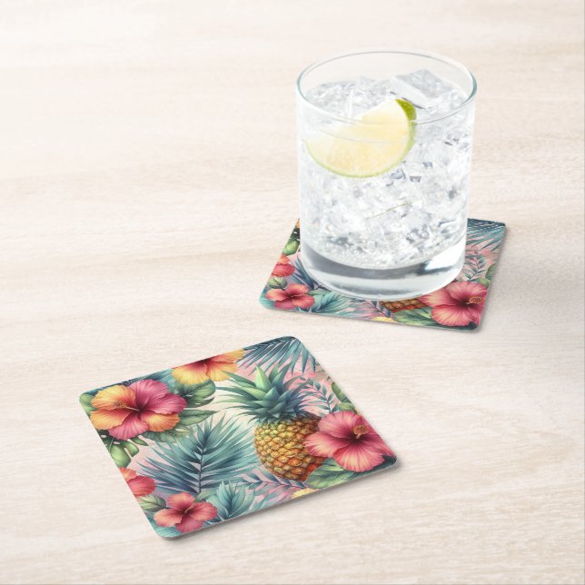 Tropical Bloom Square Paper Coaster (Insitu)