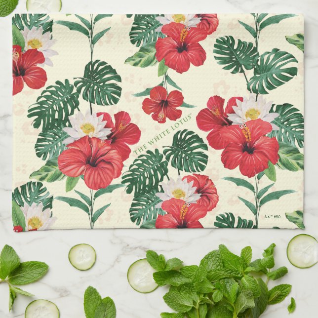Tropical Blooms of The White Lotus Tea Towel (Folded)