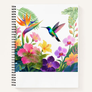 Tropical Blooms Watercolor Hummingbird Design Notebook