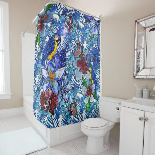 Tropical Blue Aloha Exotic Jungle & Parot Flowers Shower Curtain