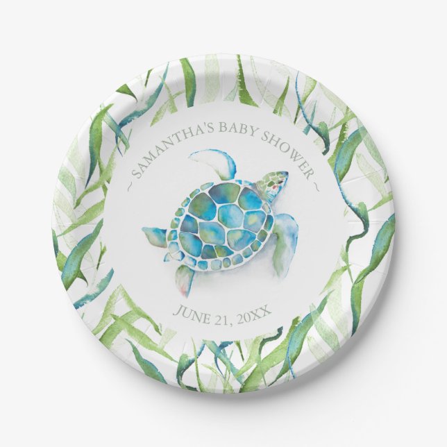 Tropical Blue and Green Sea Turtle Baby Shower Paper Plate (Front)