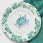 Tropical Blue and Green Sea Turtle Baby Shower Paper Plate<br><div class="desc">Sweet personalised plates for your tropical or nature themed baby shower feature a monstera palm leaves border with a watercolor sea turtle in shades of blue and green. Personalise with the mama-to-be's name and shower date. To see the matching beach theme aloha party decor visit www.zazzle.com/dotellabelle</div>