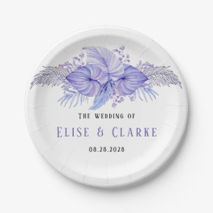 Tropical Blue and Purple Palm Leaves Wedding Paper Plate