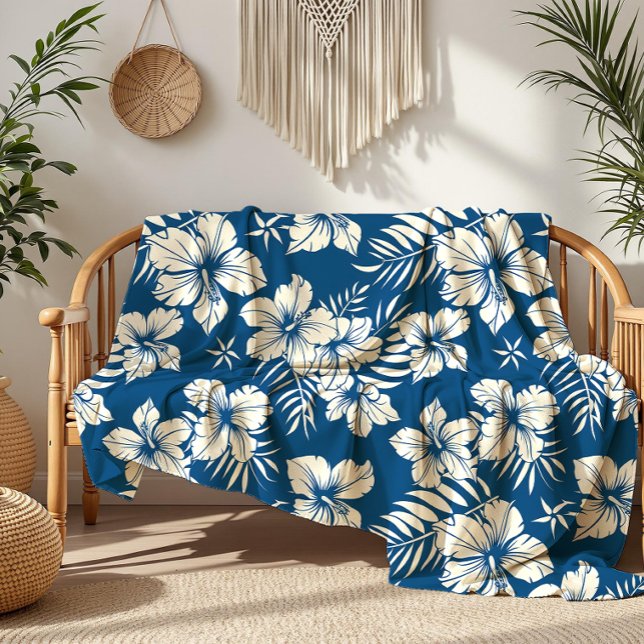Tropical Blue and White Floral Fleece Blanket (Creator Uploaded)