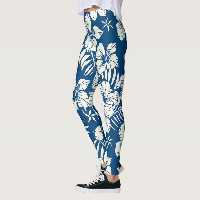 Tropical Blue and White Floral Leggings (Left)